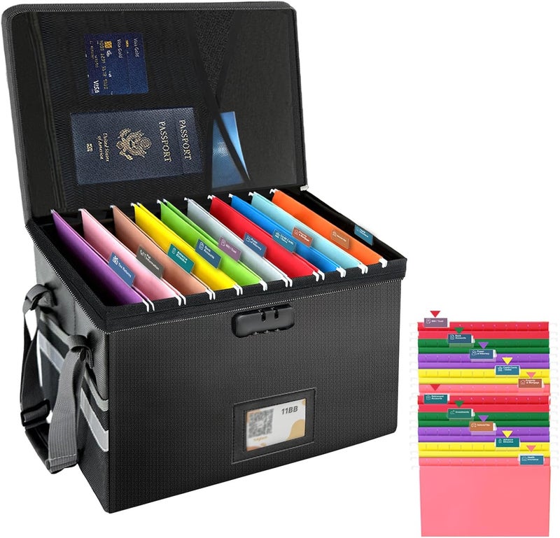 TIDY TECH Large Next of Kin Box Organizer with Smart Labels, Fireproof Foldable File Organizer with Combination Lock, 10 Hanging Files and 20 Category Labels for Label Documents(15.7"L×12.2"W×10.6"H) - Image 1